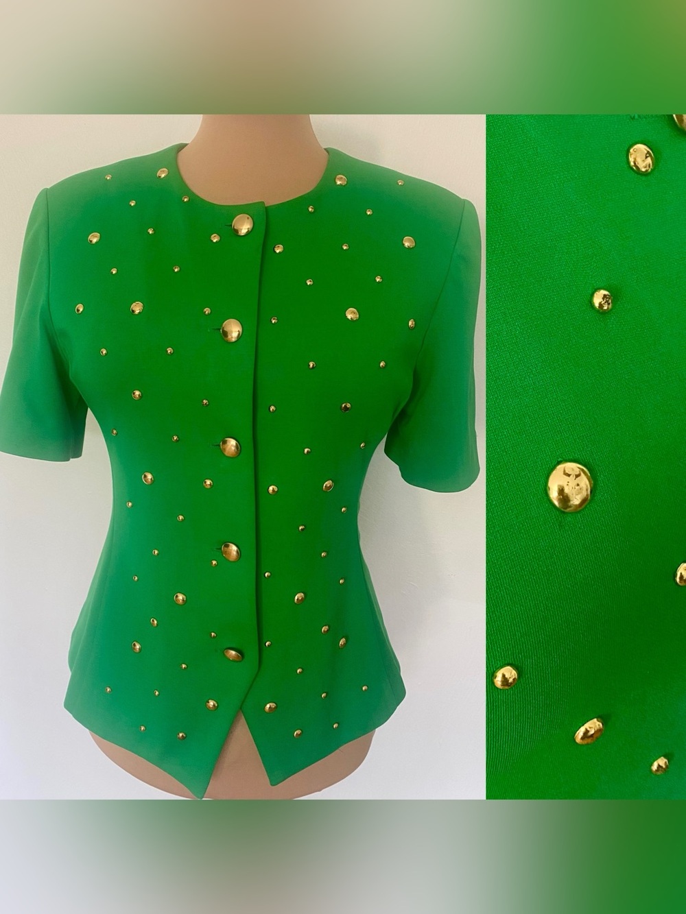 Vintage 90s LESLIE FAY Gold Studded Top *Size 12* Green Knit Short Sleeve Shirt
